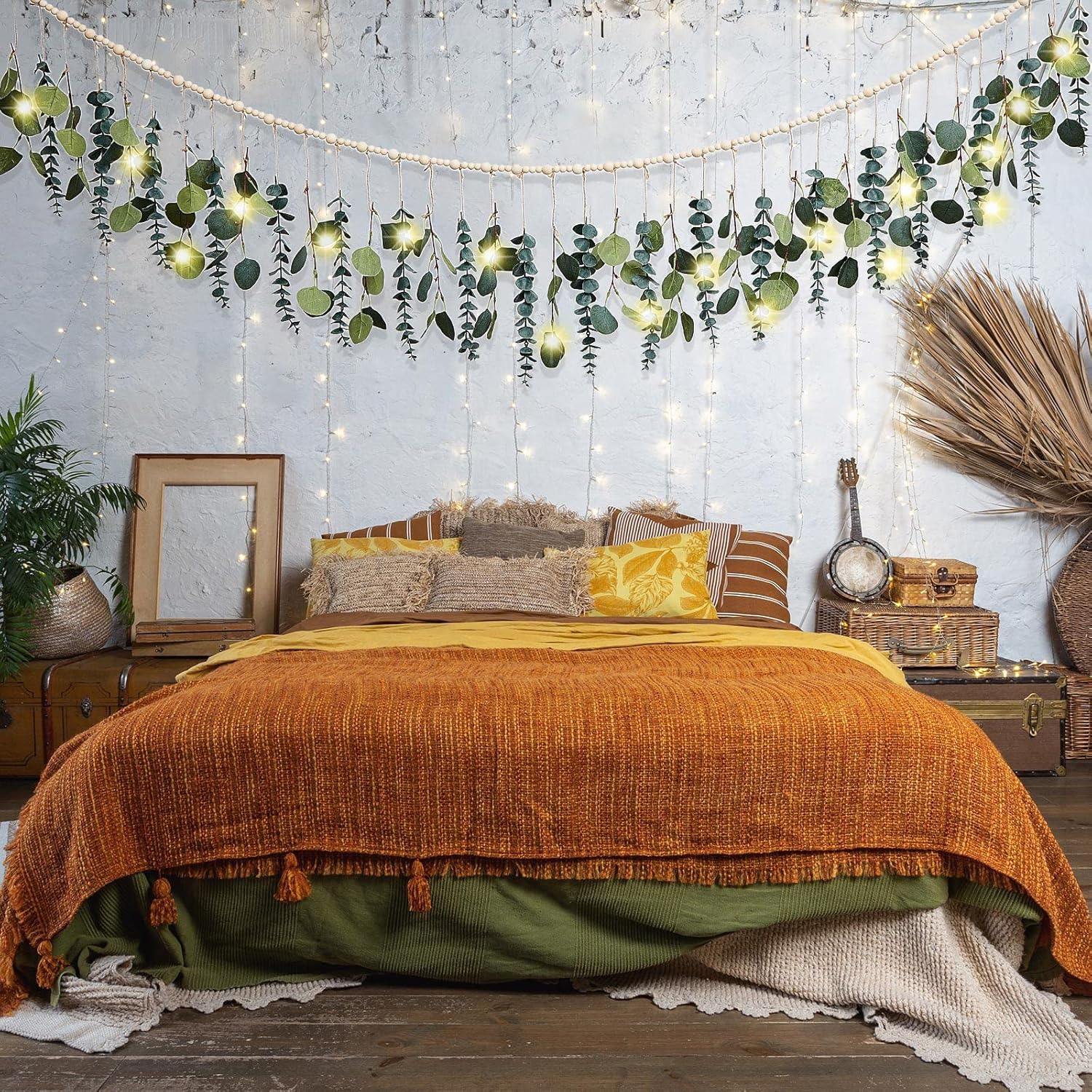 Eucalyptus Wall Decor with LED Lights and Wooden Beads