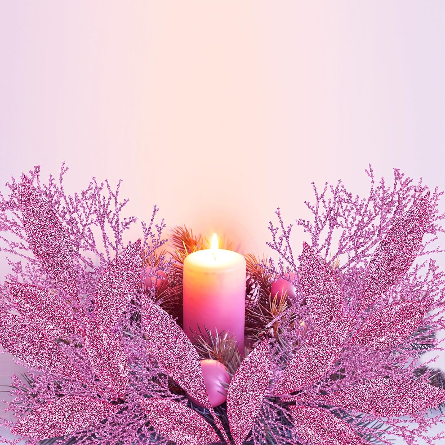 Winlyn 30 Pcs Pink Glitter Christmas Decor Artificial Leaf Sprays