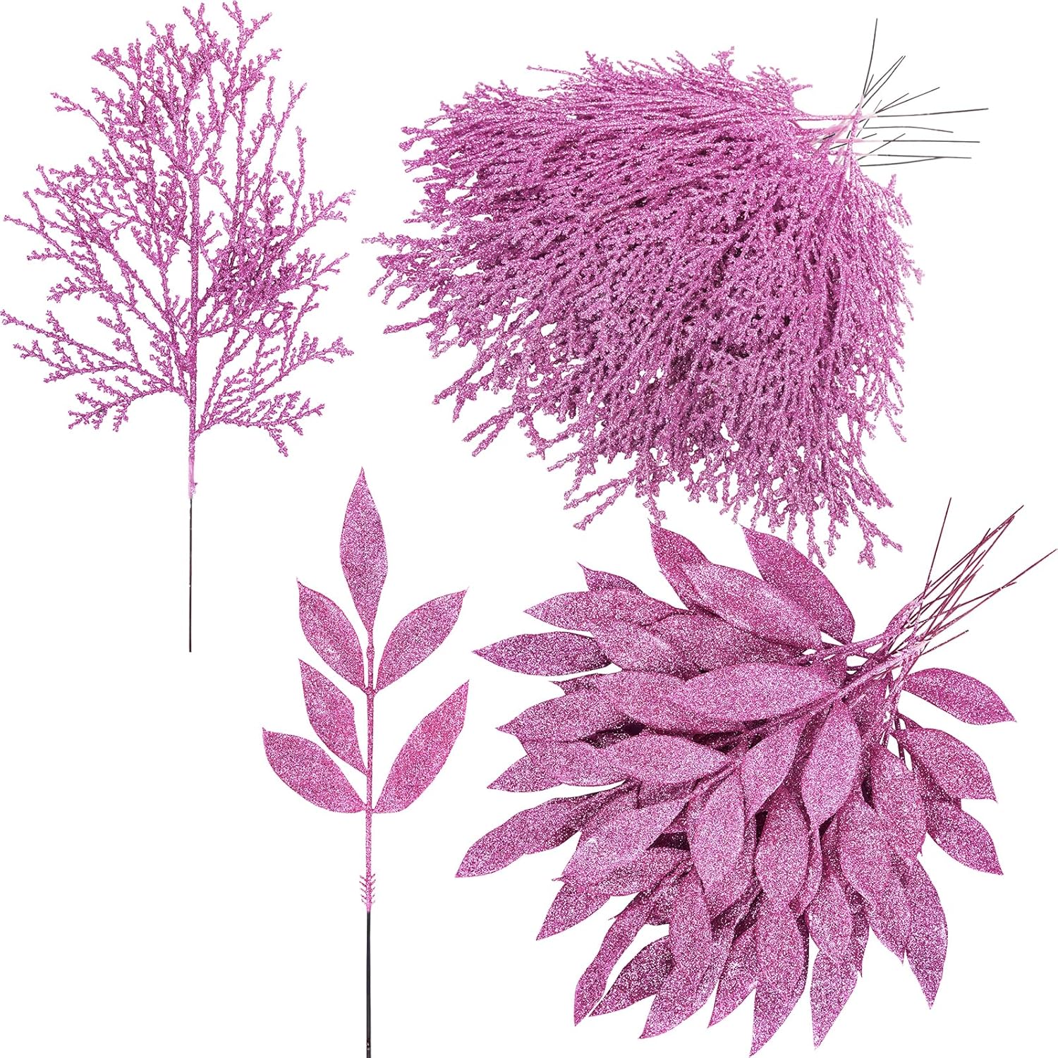 Winlyn 30 Pcs Pink Glitter Christmas Decor Artificial Leaf Sprays