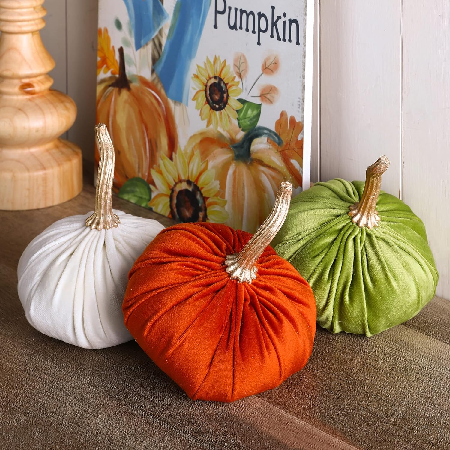 Glitzhome 3 Pack Velvet Pumpkins for Fall Decor