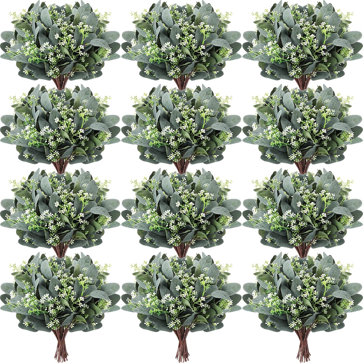 Janinka 100 Pcs Mixed Eucalyptus Artificial Leaves with White Seeds and Stems