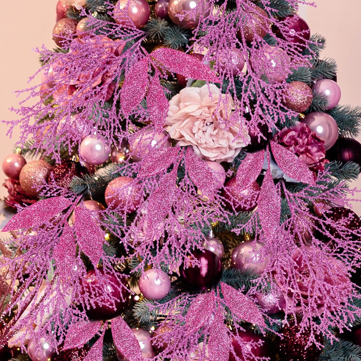 Winlyn 30 Pcs Pink Glitter Christmas Decor Artificial Leaf Sprays